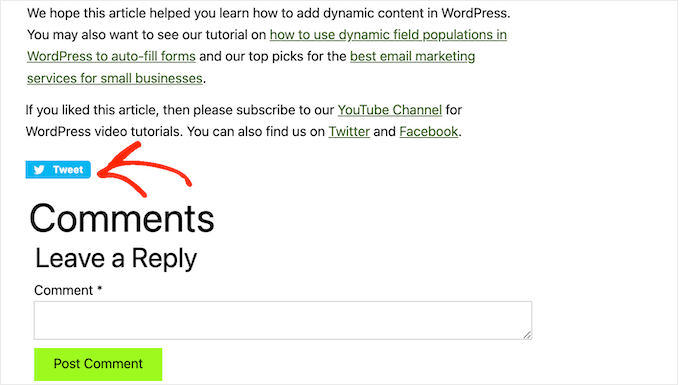 Un exemplu de buton de partajare Twitter, încorporat în WordPress An example of a Twitter share button, embedded in WordPress