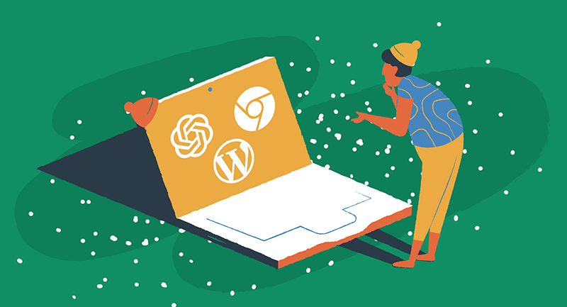 ChatGPT, Chrome, WordPress 로고가 있는 노트북을 보고 있는 사람
