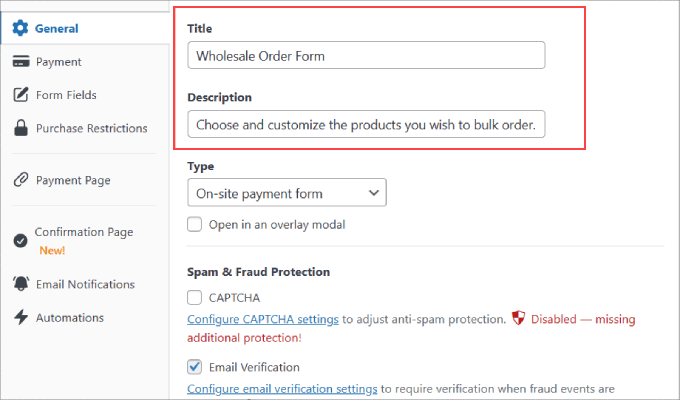 支払いフォームのタイトルと説明 Title and description of payment form