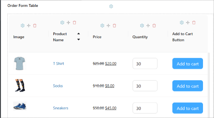 オーダーフォーム表 Order form table