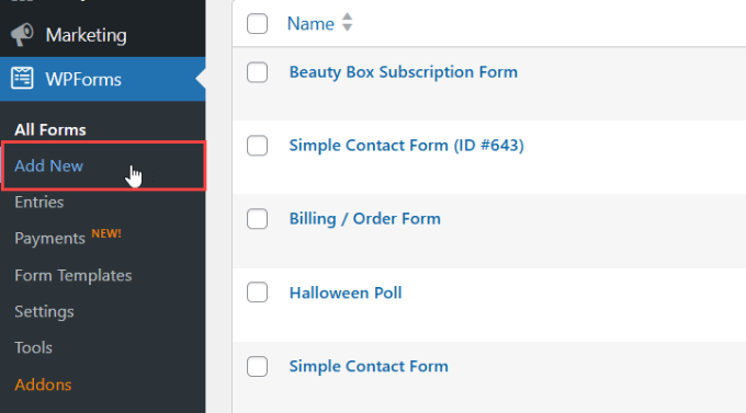 WPForms が新規追加 WPForms add new