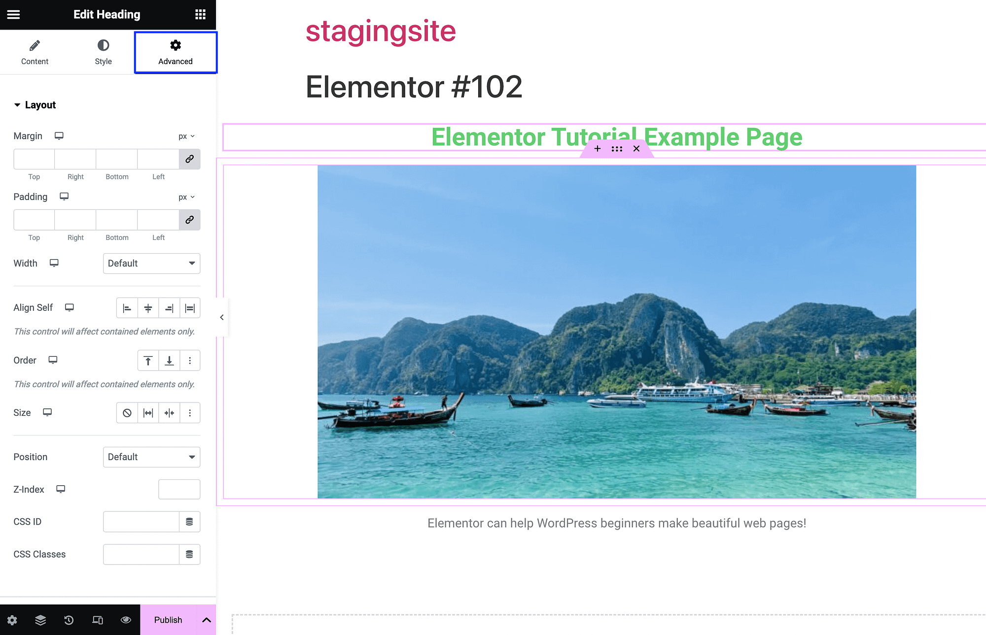 Deschiderea setărilor avansate de widget în Elementor.