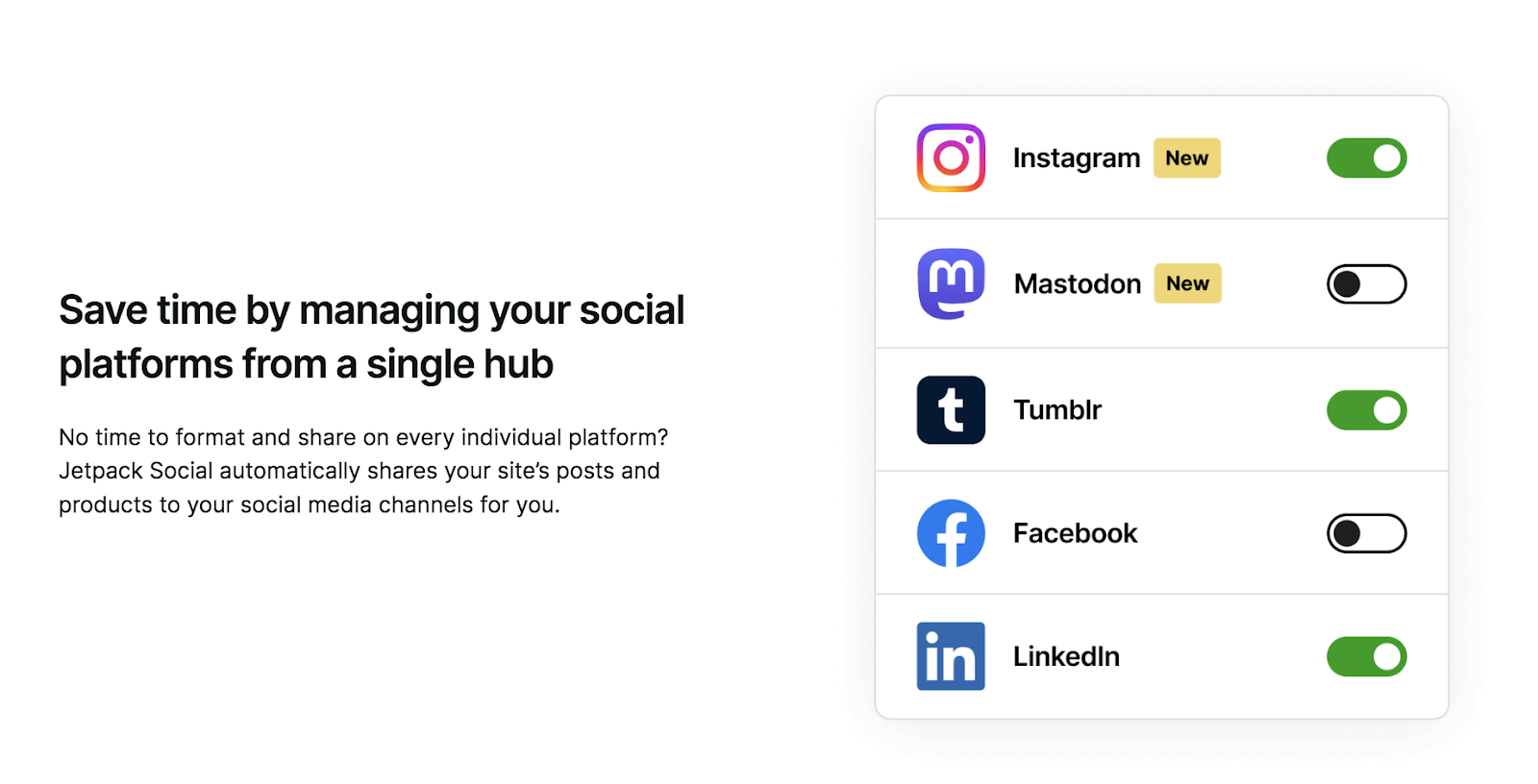 Jetpack Social memungkinkan Anda terhubung ke semua platform di atas serta Tumblr dan Mastodon.