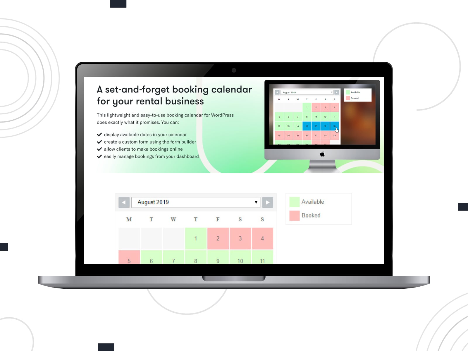 Colaj al sistemului WP Booking pe ecranul desktop.