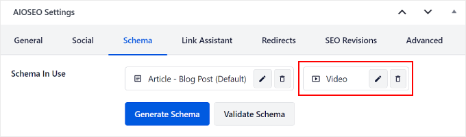 Wyświetlanie schematu wideo w ustawieniach AIOSEO Seeing the Video schema in AIOSEO Settings