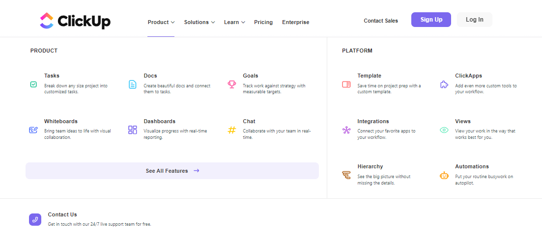 Element Pack Pro'nun mega menüsü ClickUp web sitesinde çalışıyor.