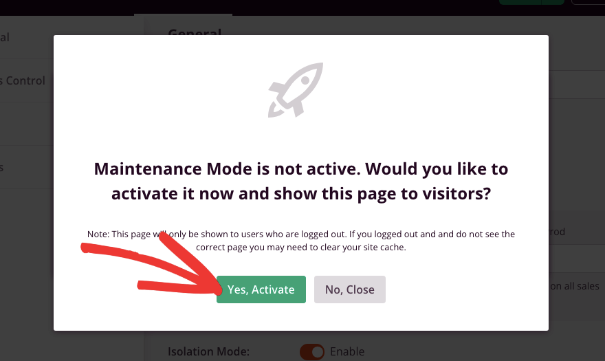 Popup „Wartungsmodus aktivieren“.