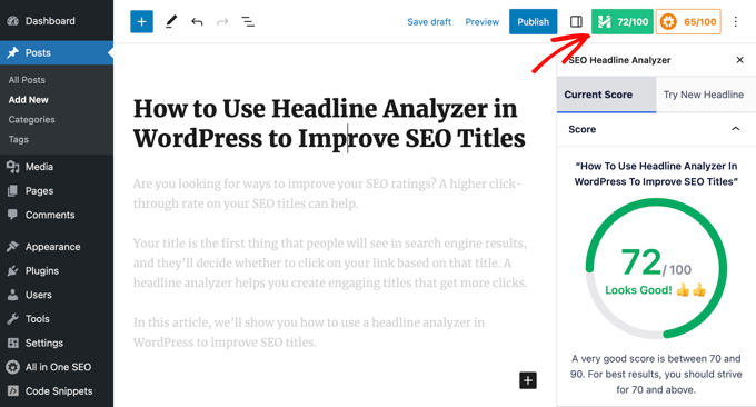 Klicken Sie auf die Schaltfläche SEO-Überschriftenanalysator Click the SEO headline analyzer button