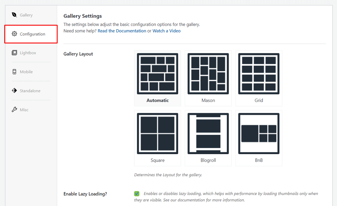 Click on the Configuration tab to choose the gallery layout