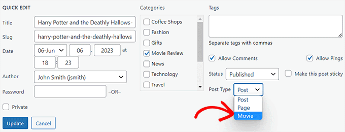 从“快速编辑”部分选择帖子类型 Choose post type from the Quick Edit section