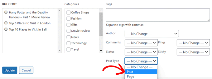 从批量编辑模式中选择帖子类型选项 Choose post type option from the bulk edit mode