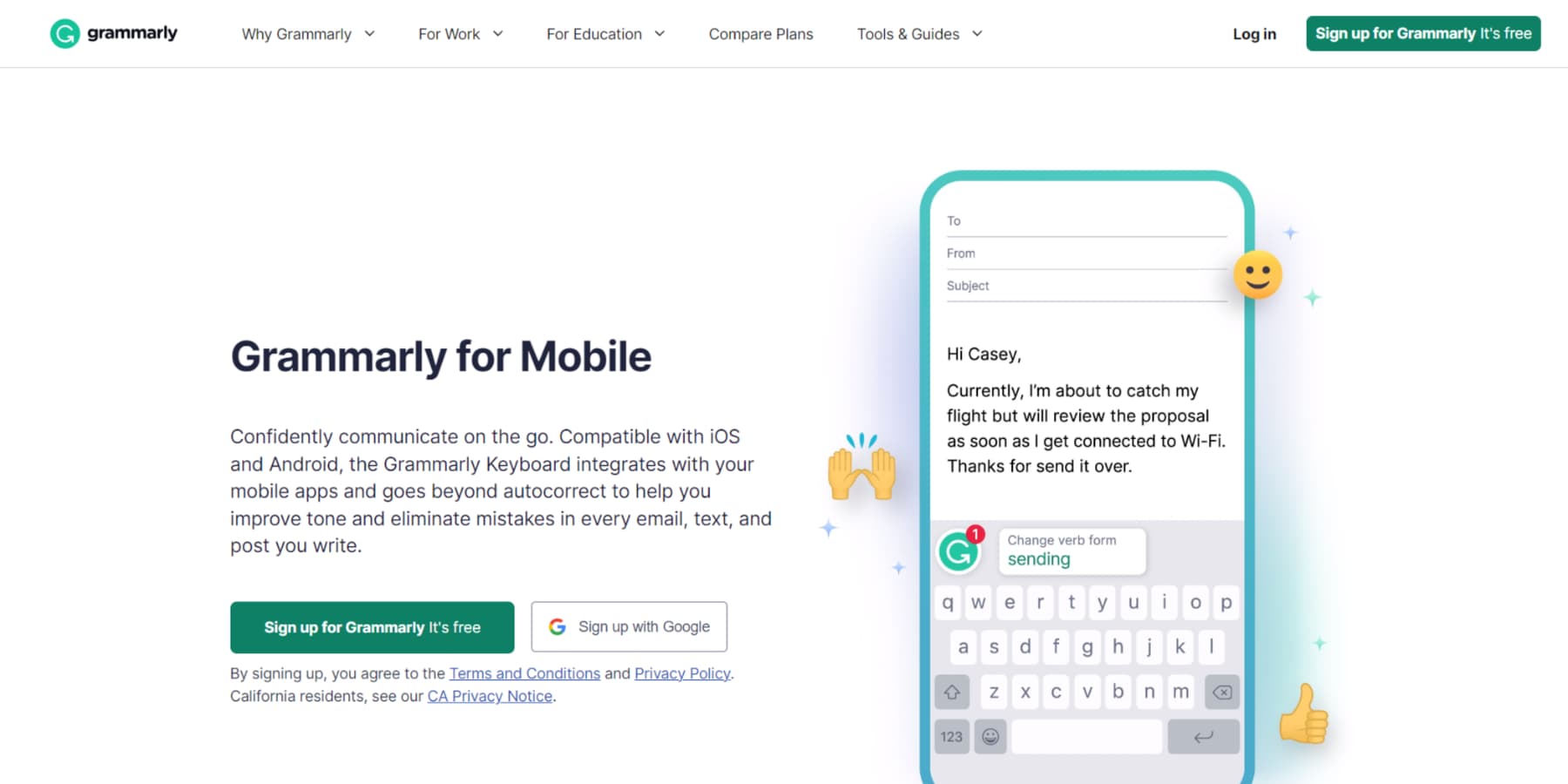 Uma captura de tela da página inicial do aplicativo móvel Grammarly