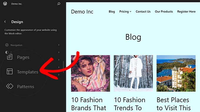 เปิดตัวเลือกเทมเพลตใน FSE Open templates option in FSE