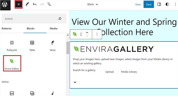 เพิ่มบล็อก Envira Gallery ในตัวแก้ไขเว็บไซต์แบบเต็ม Add Envira Gallery block in full site editor