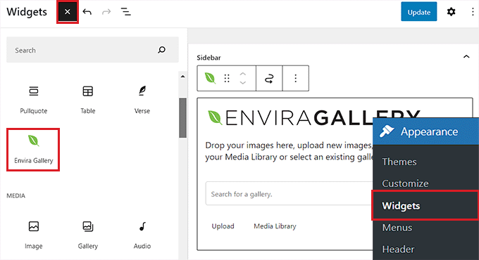 เพิ่มบล็อก Envira ในแถบด้านข้าง Add Envira block in the sidebar
