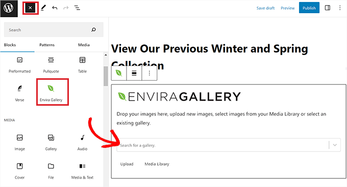 เพิ่มบล็อก Envira Gallery Add the Envira Gallery block