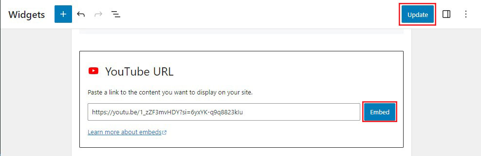 输入嵌入视频 URL 并单击“更新”