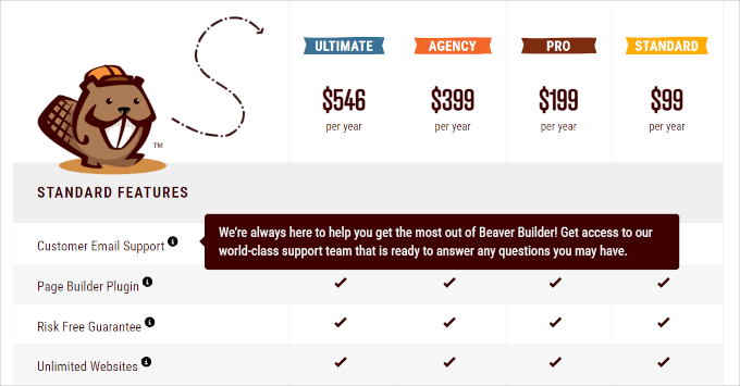 Descrizione comando della pagina dei prezzi di Beaver Builder Beaver Builder pricing page tooltips