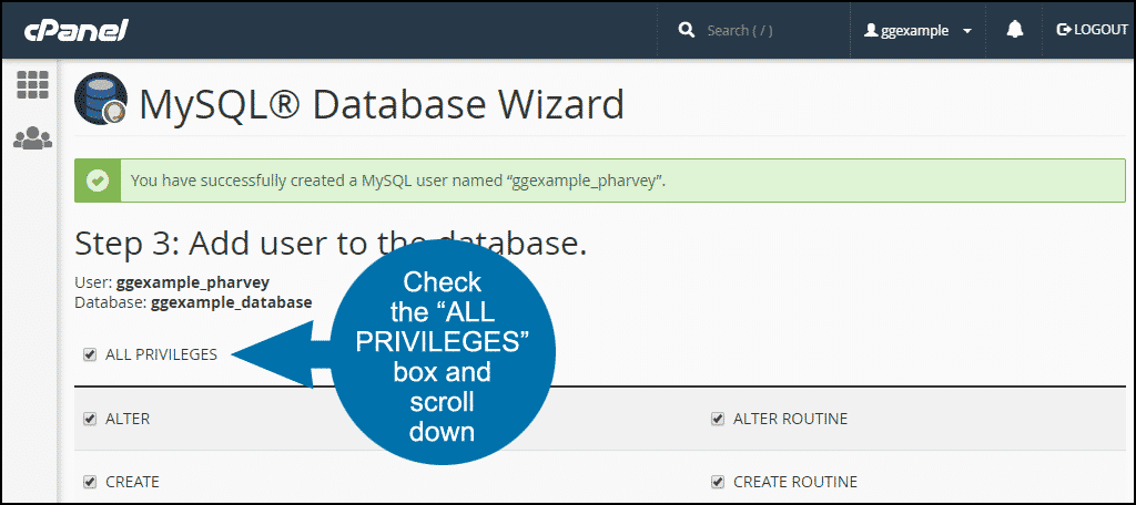 cpanel che aggiunge un utente a un database