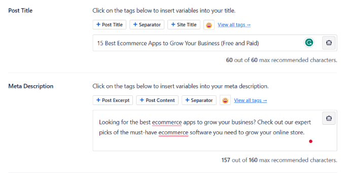 Esempio di titolo del post e meta descrizione Post title and meta description example