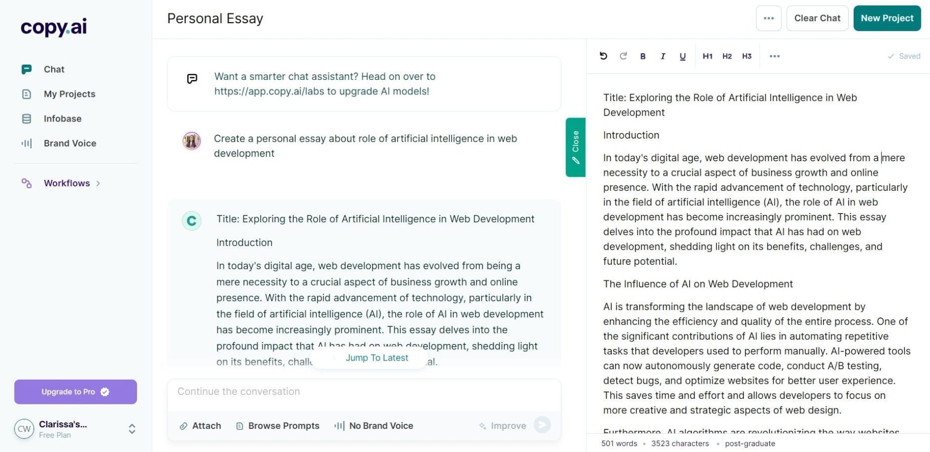 Copy.ai générant un essai
