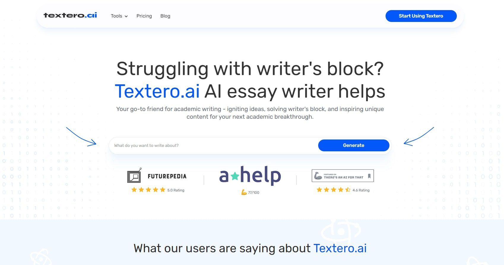 Section héros de Textero.ai