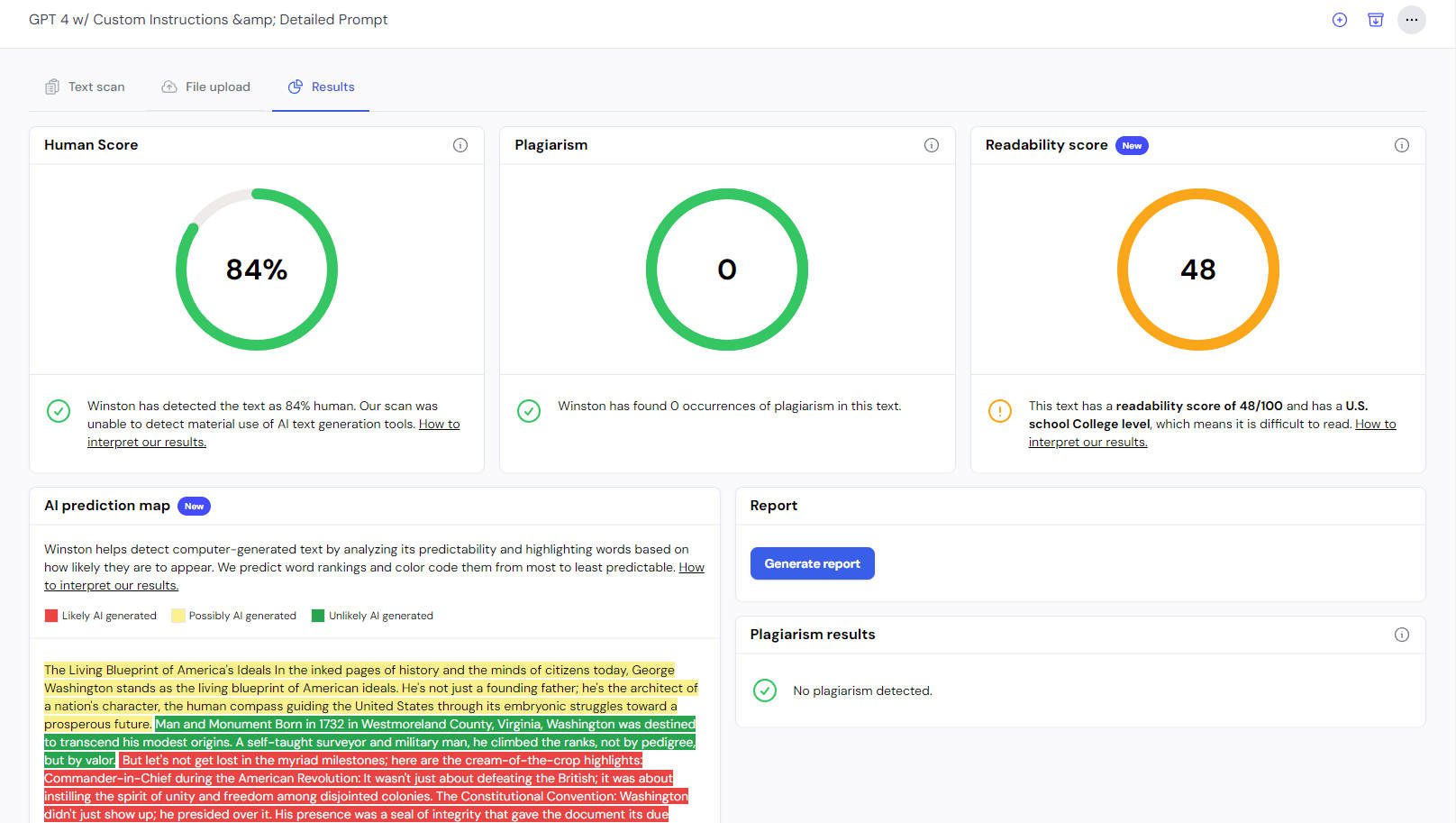 Winston AI Detector - GPT 4 avec résultats d'instructions personnalisées