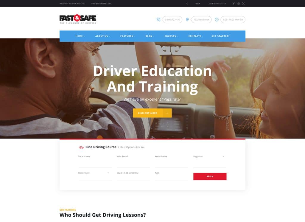 Rapide et sûr | Thème WordPress pour école de conduite