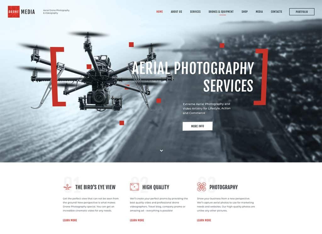 Drone Media - Tema WordPress per fotografia e videografia aerea + Elementor