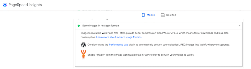 Format WebP direkomendasikan untuk kinerja - Sumber: PageSpeed ​​Insights