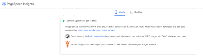 为提高性能而推荐的 WebP 格式 - 来源:PageSpeed Insights