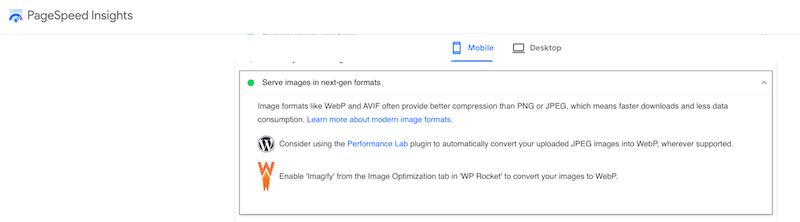 Formato WebP recomendado para desempenho - Fonte: PageSpeed ​​​​Insights