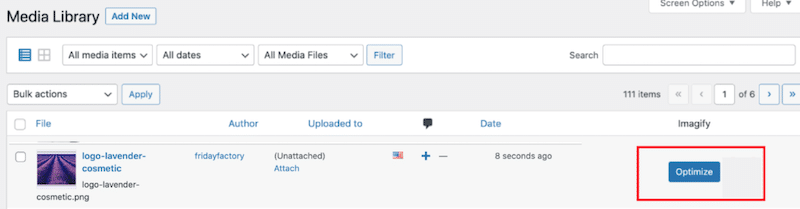 Кнопка «Оптимизировать» в библиотеке WordPress — Источник: Imagify