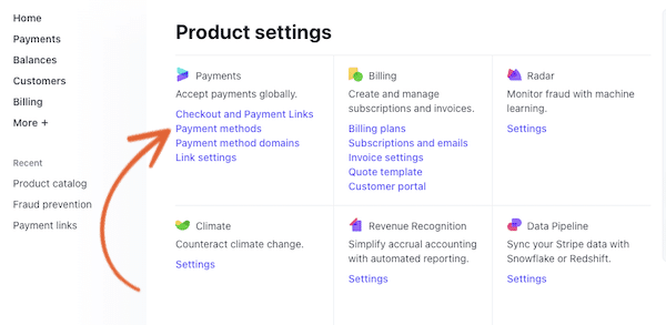 Opzioni dei metodi di pagamento della dashboard dell'account Stripe