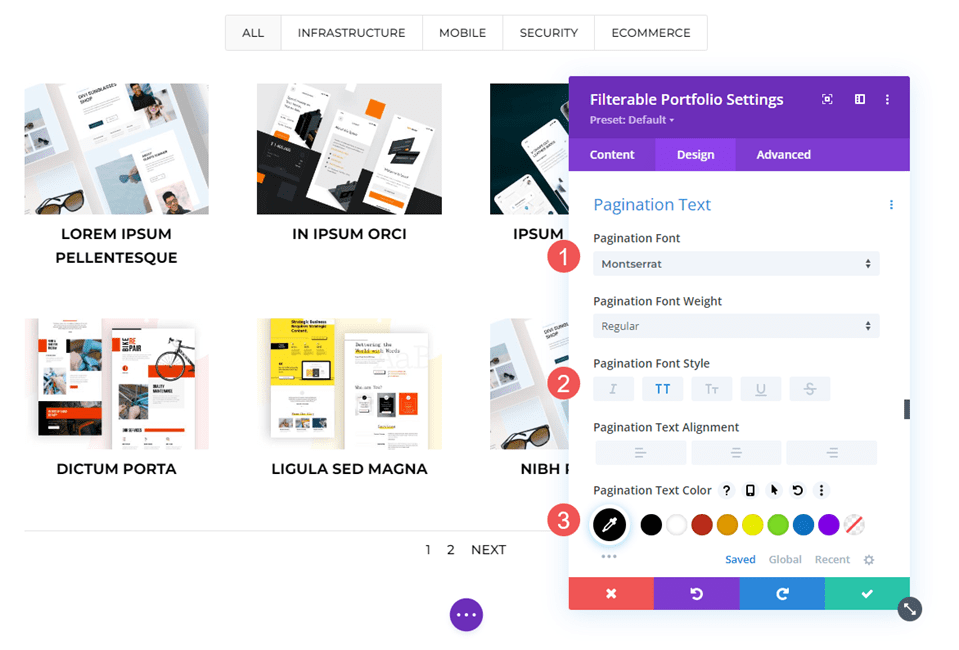 Texte de pagination du portfolio filtrable