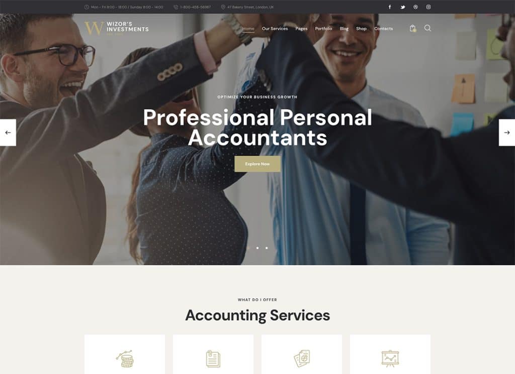 Wizor's - 투자 및 비즈니스 컨설팅 보험 WordPress Theme