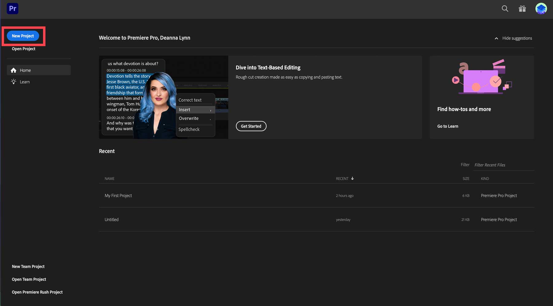 새 Adobe Premiere Pro 프로젝트 만들기