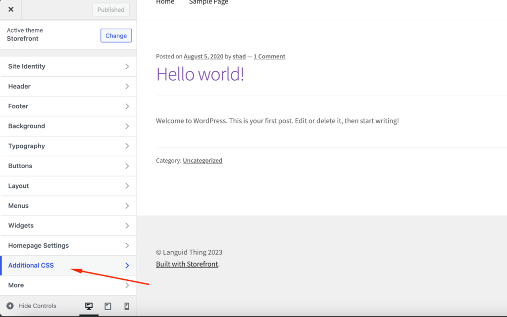 To jest zrzut ekranu dodatkowej karty w dostosowywaczu WordPress