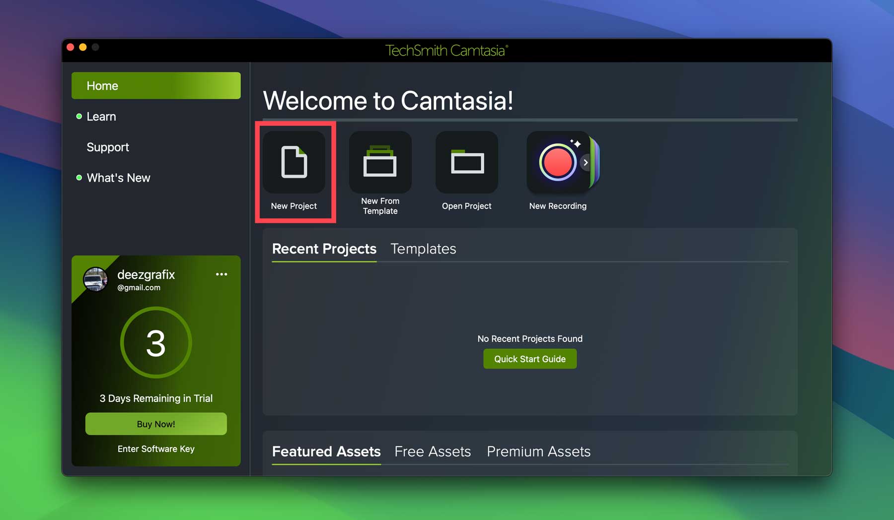 yeni Camtasia projesi oluştur