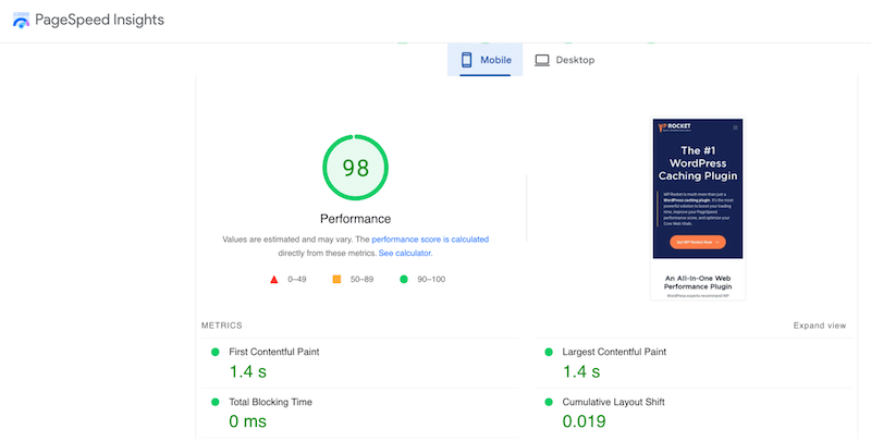 Performans Puanı ve Önemli Web Verileri - Kaynak: PageSpeed Insights