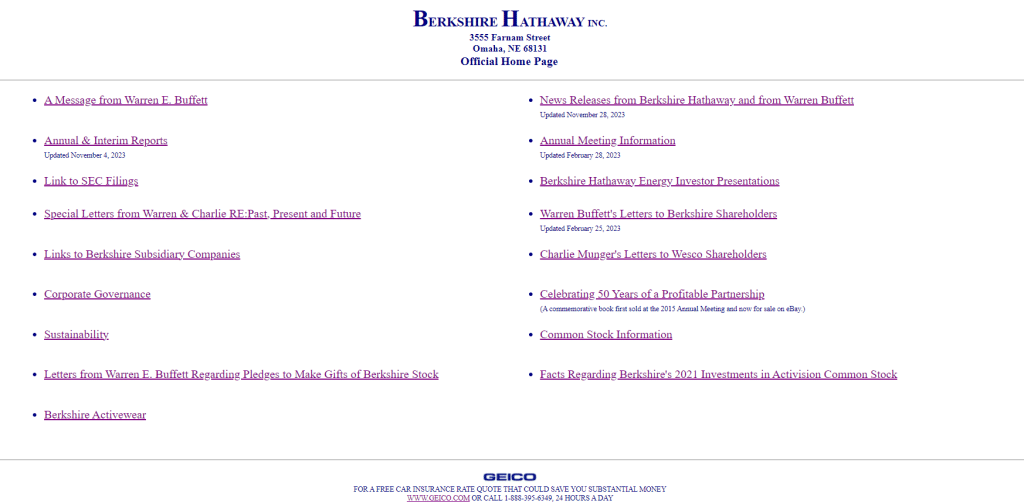قم بزيارة موقع Berkshire Hathaway الإلكتروني الذي لا يحتوي تقريبًا على لوحة ألوان للعلامة التجارية (المصدر)