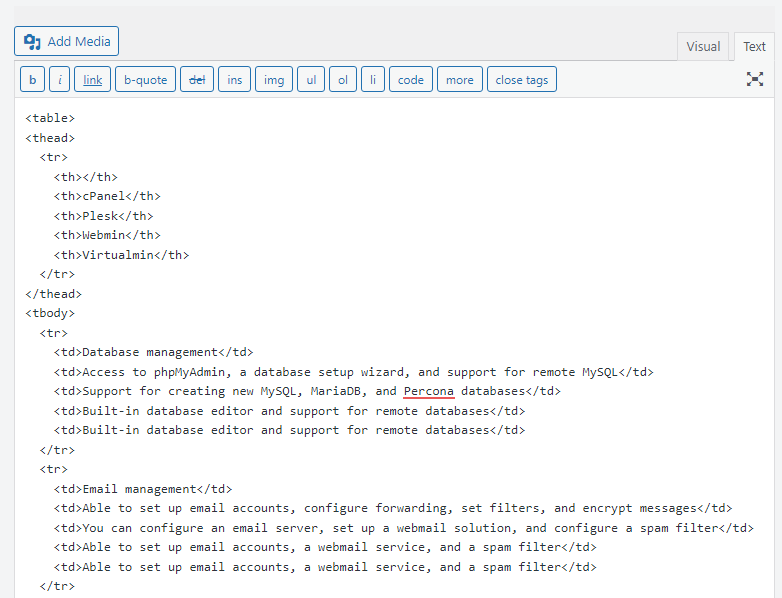 добавление таблицы HTML в WordPress