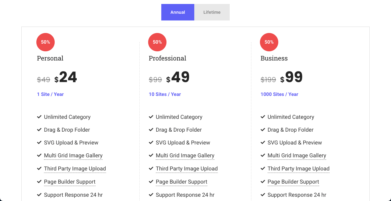 Rencontrez HappyMedia : votre gestionnaire de fichiers multimédia WordPress ultime 6 Pricing plans of HappyMedia