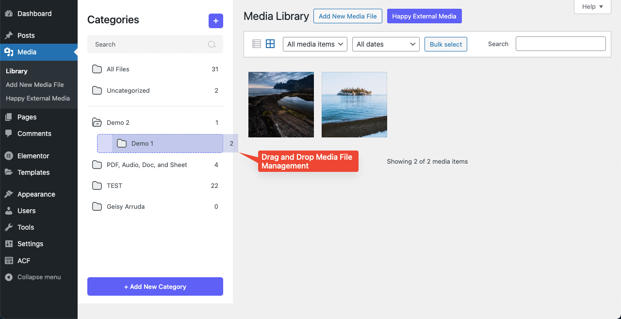 Rencontrez HappyMedia : votre gestionnaire de fichiers multimédia WordPress ultime 3 HappyMedia's drag and drop functionality