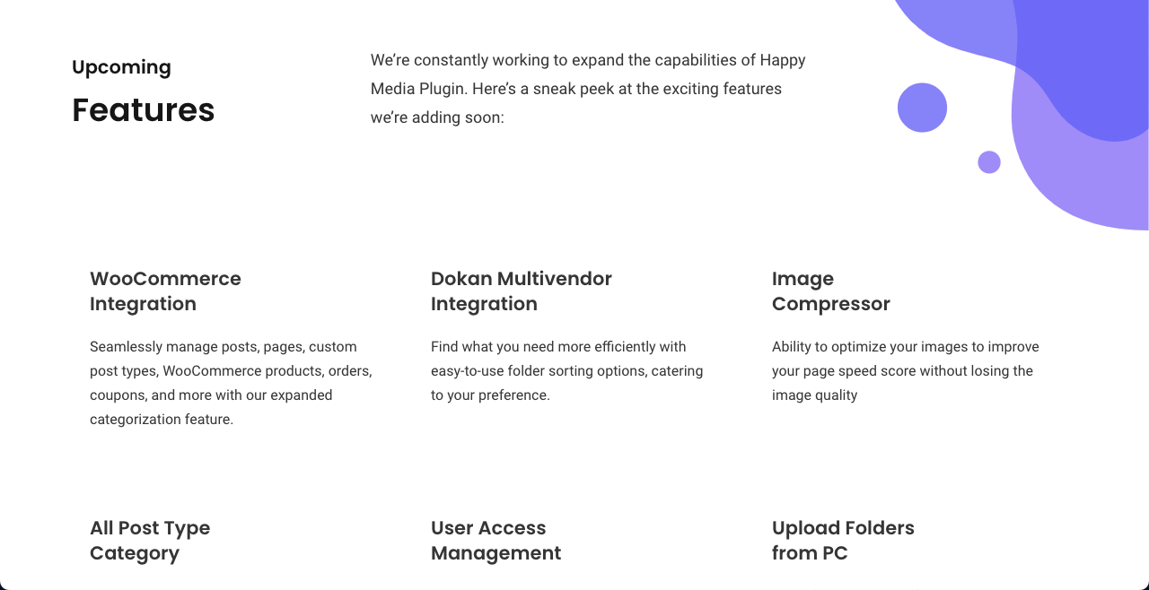 Rencontrez HappyMedia : votre gestionnaire de fichiers multimédia WordPress ultime 5 Upcoming features of HappyMedia
