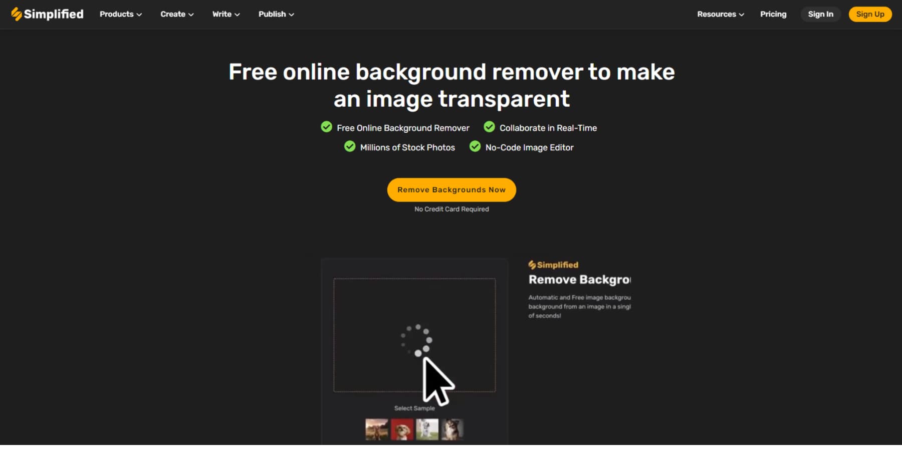 Ein Screenshot der AI Background Remover-Landingpage von Simplified