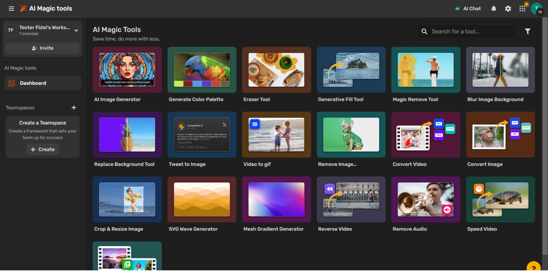 Ein Screenshot der AI-Auswahl an Tools von Simplified