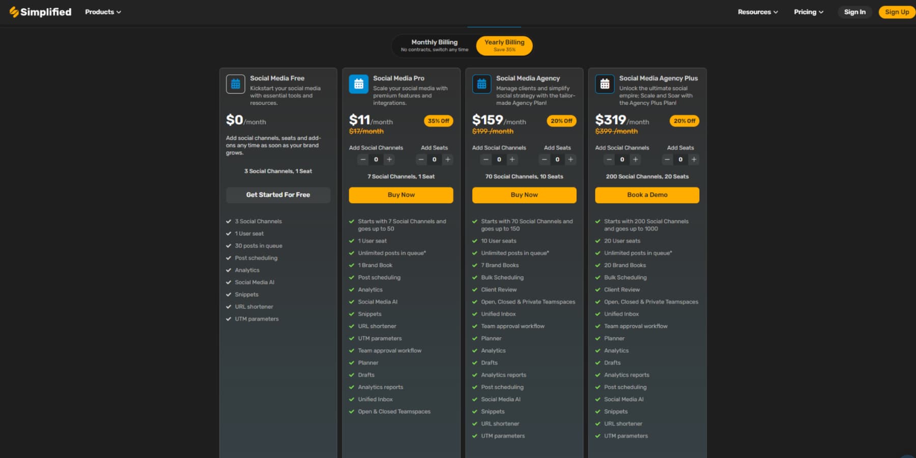 Ein Screenshot der Social Media Manager-Pläne von Simplified