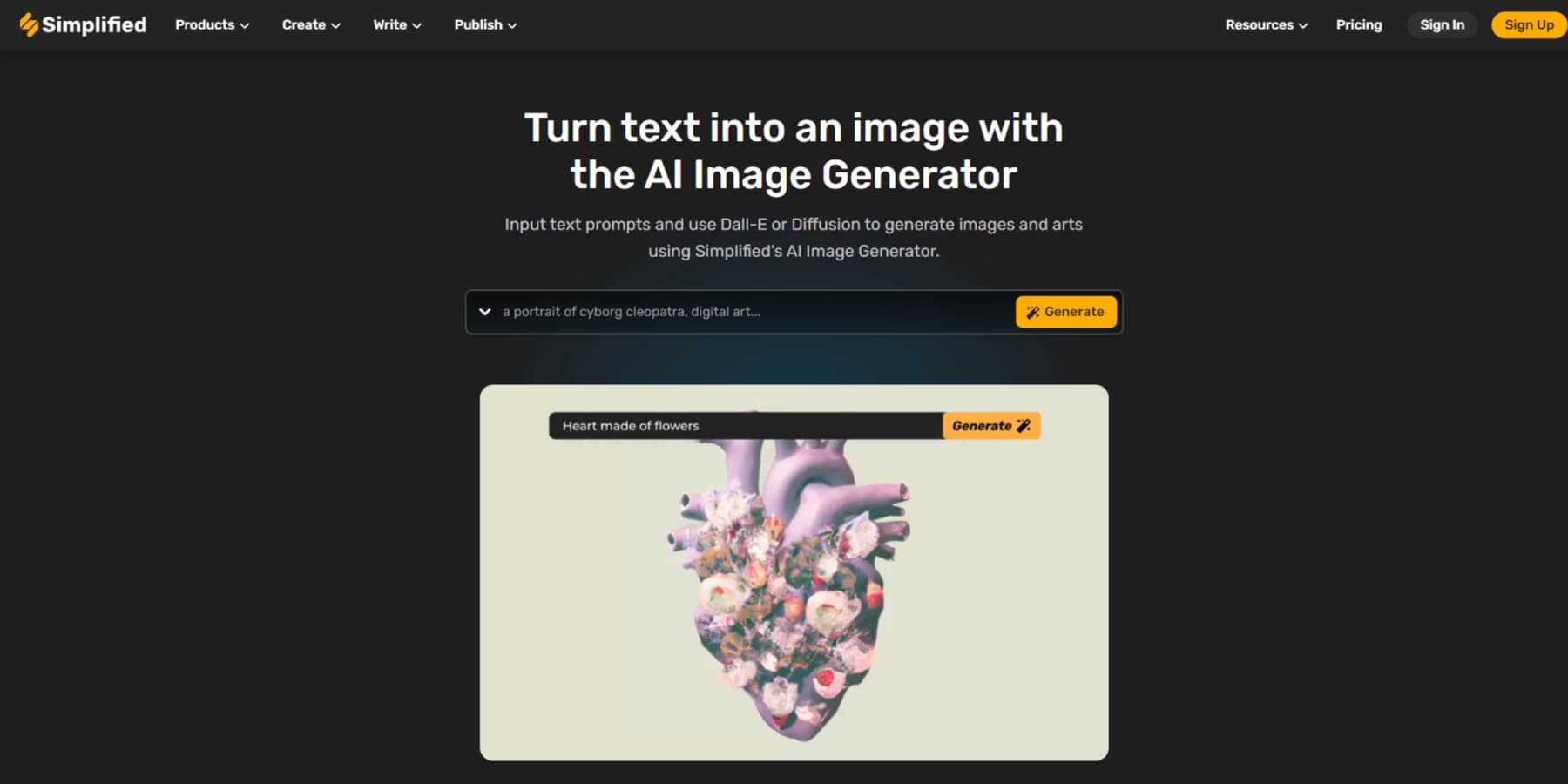 Ein Screenshot der AI Image Generator Landing Page von Simplified