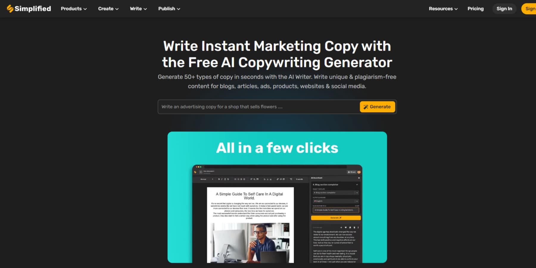 Ein Screenshot der AI Content Generator Landing Page von Simplified